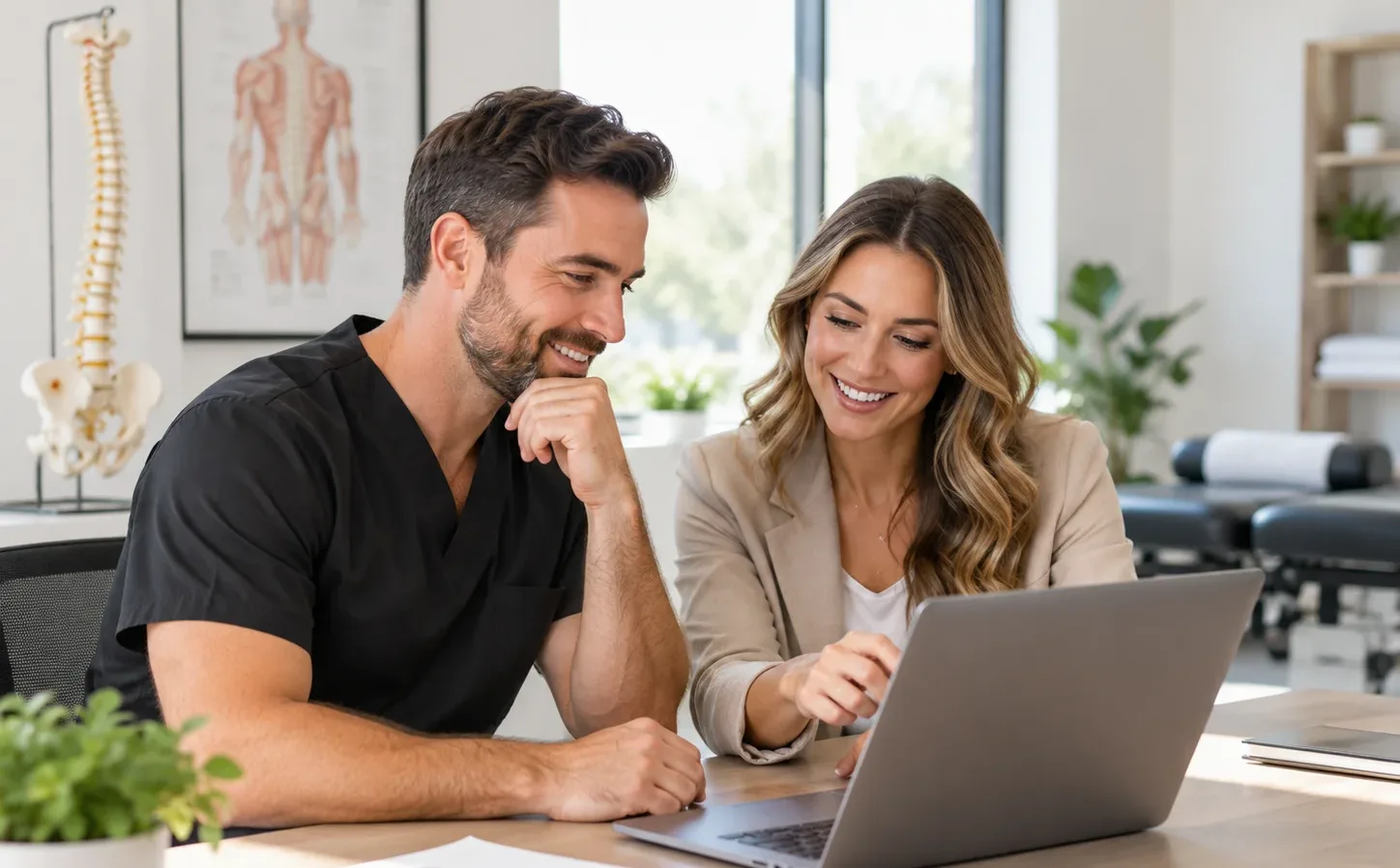 Two clinic colleagues reviewing a campaign on a laptop in a chiropractic office