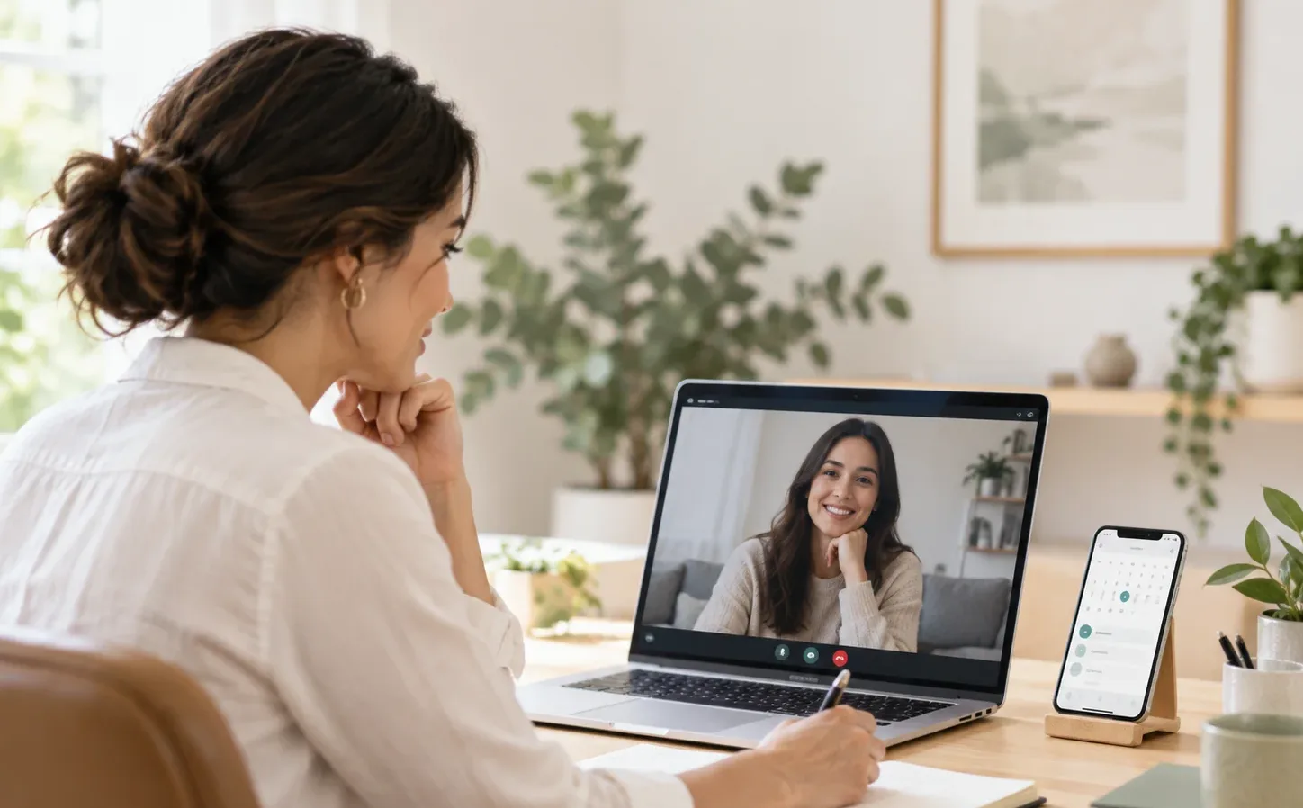 A clinic team member on a video call, taking notes beside a phone and laptop