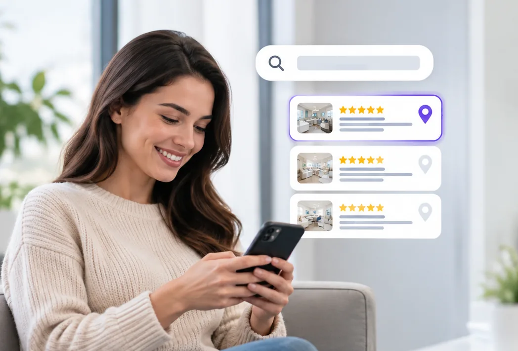 A woman smiling at her phone beside a search result for a dental practice