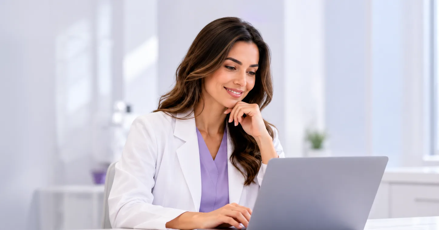 A dentist smiling at her laptop in a bright practice