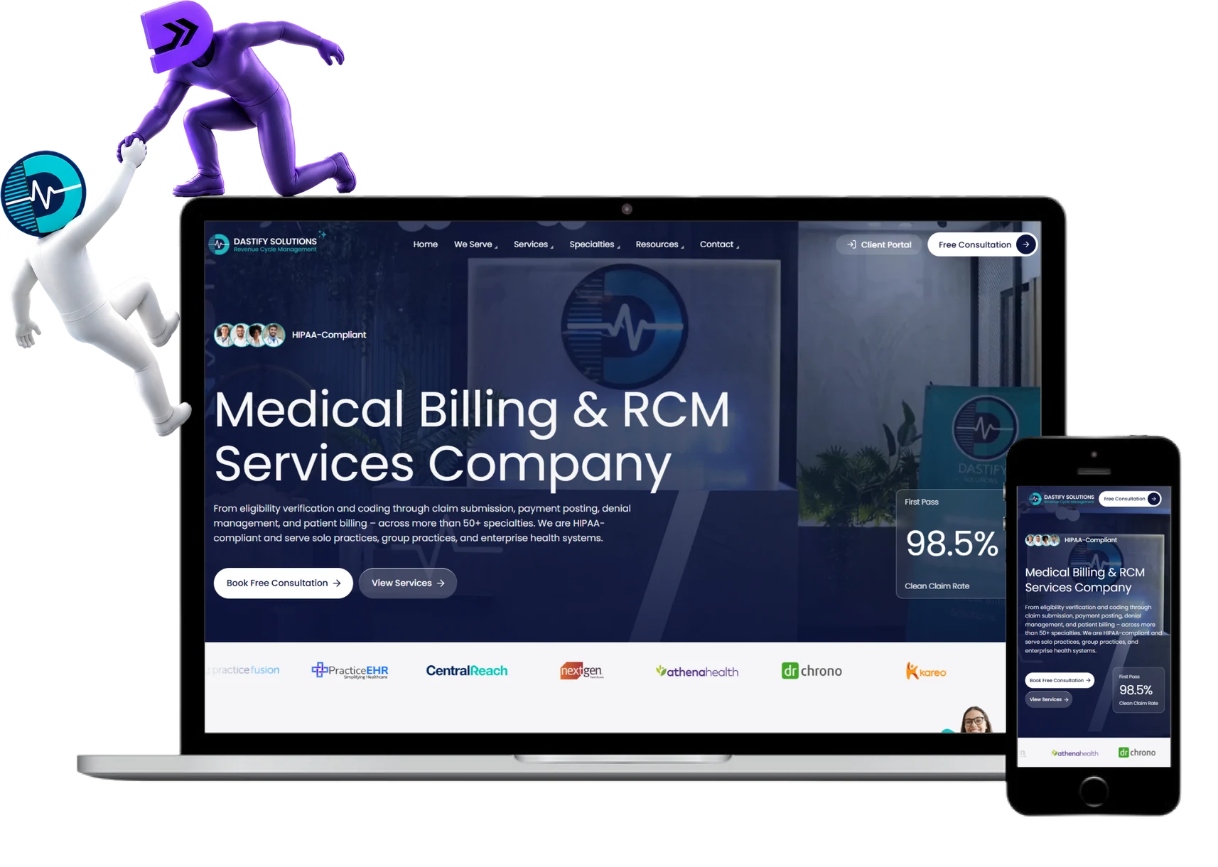 The Dastify Solutions medical billing and RCM site shown on a laptop and phone
