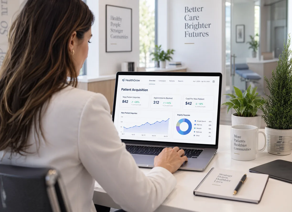 A practice manager reviewing a patient-acquisition dashboard