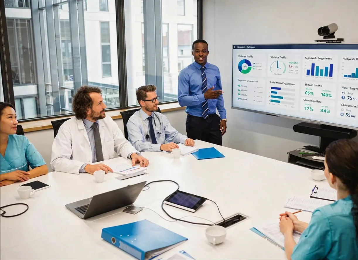 A care team reviewing marketing performance data on screen