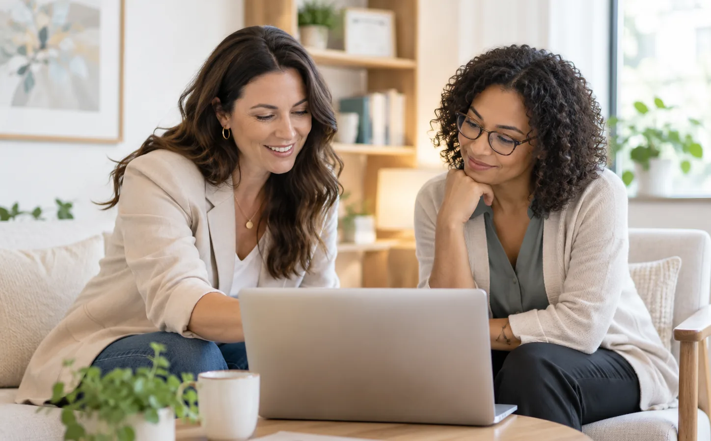 Two women talking at a laptop in a calm, bright room