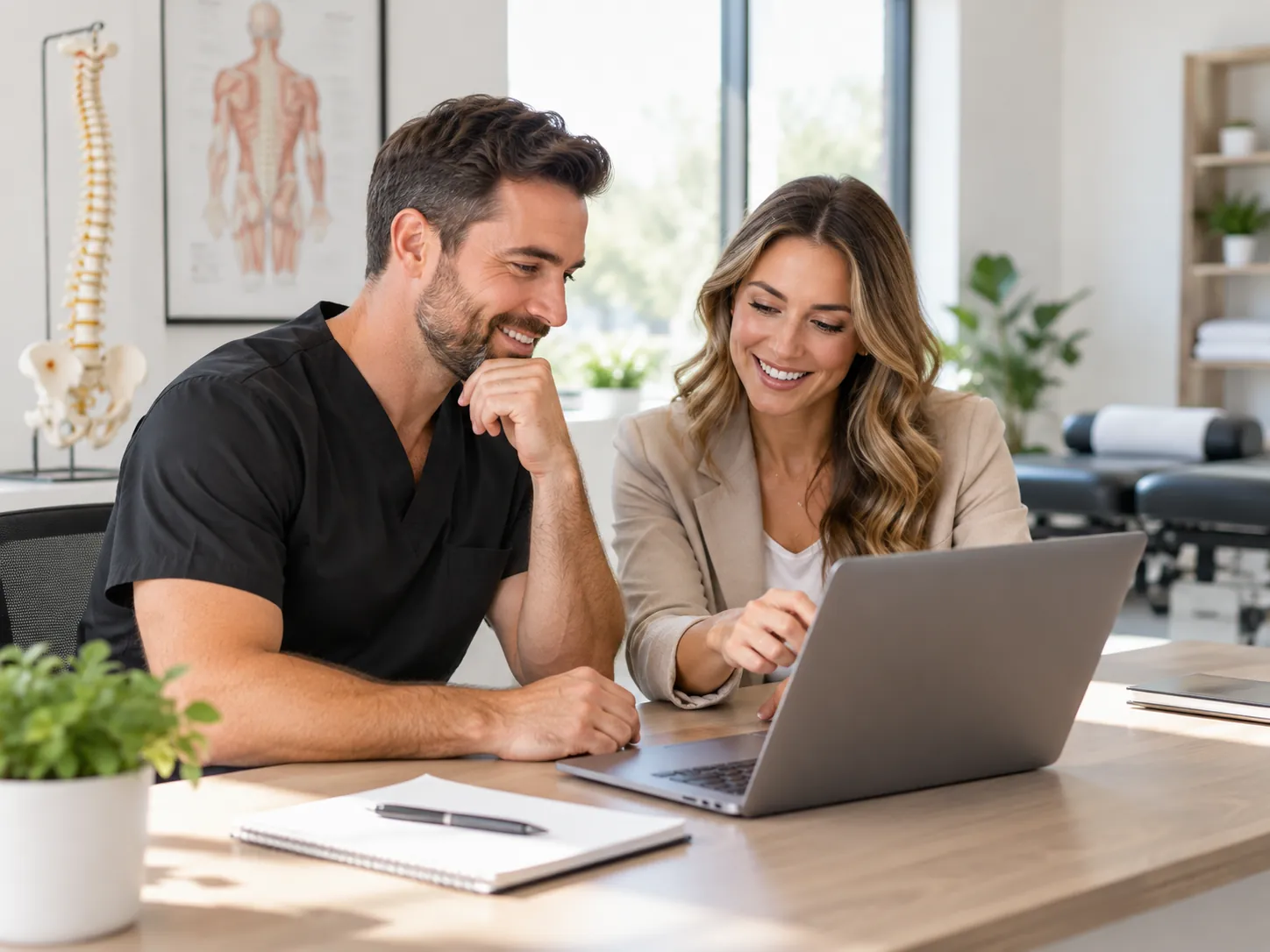 A clinician and a colleague reviewing a practice website on a laptop
