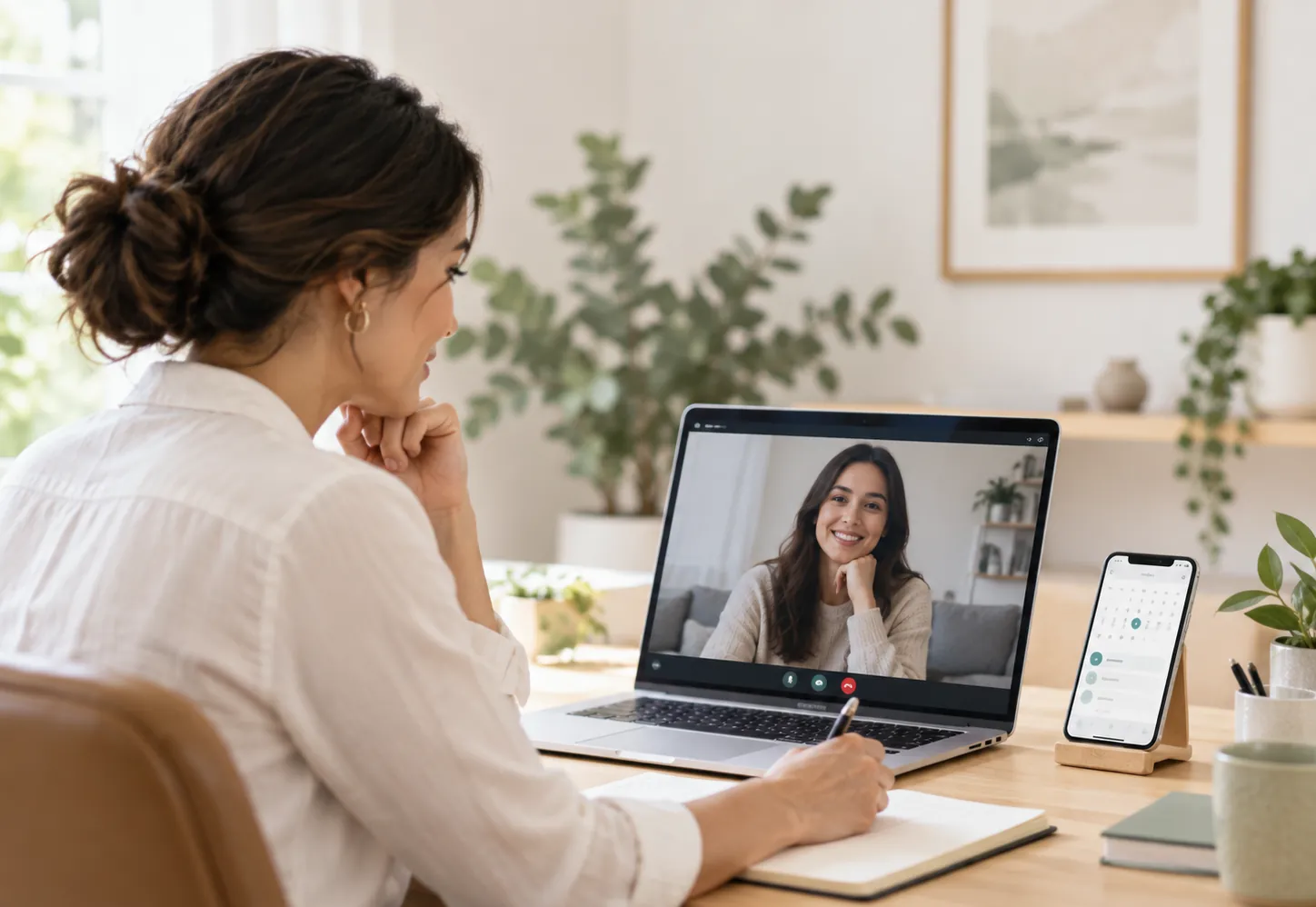 A practice manager on a video call with a laptop and phone on the desk
