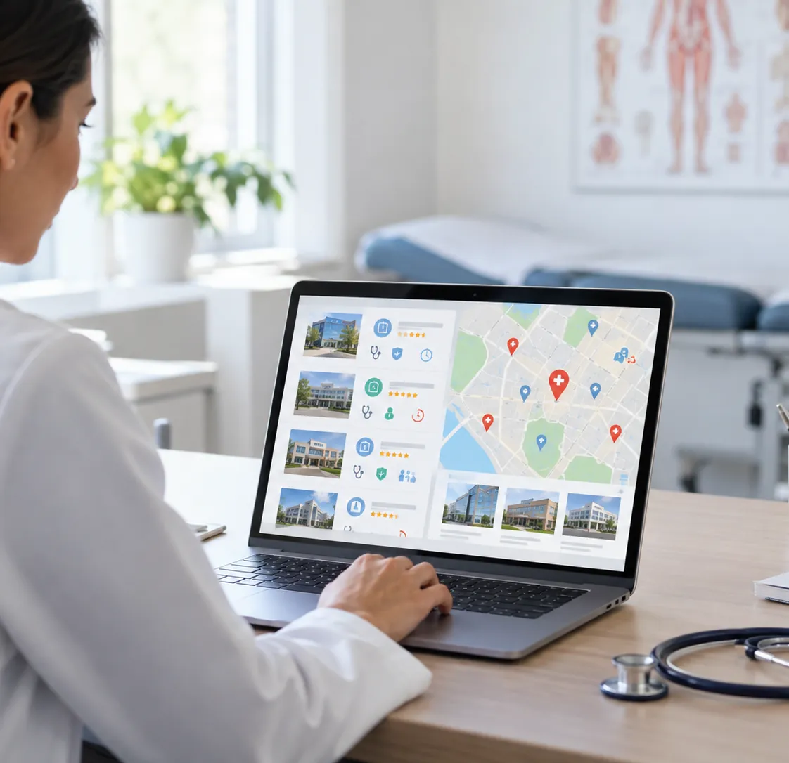 A clinician reviewing practice listings on a laptop